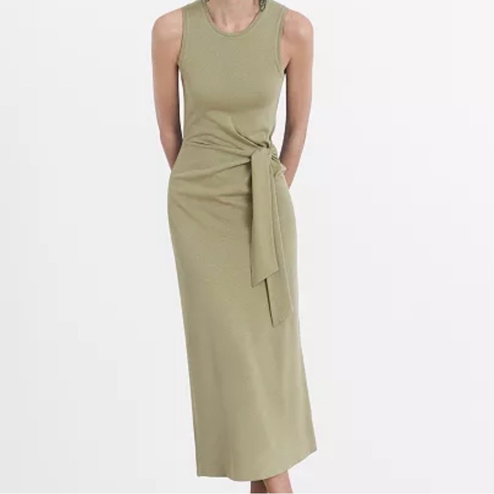 Mango Olive Midi Dress with Tie Detail